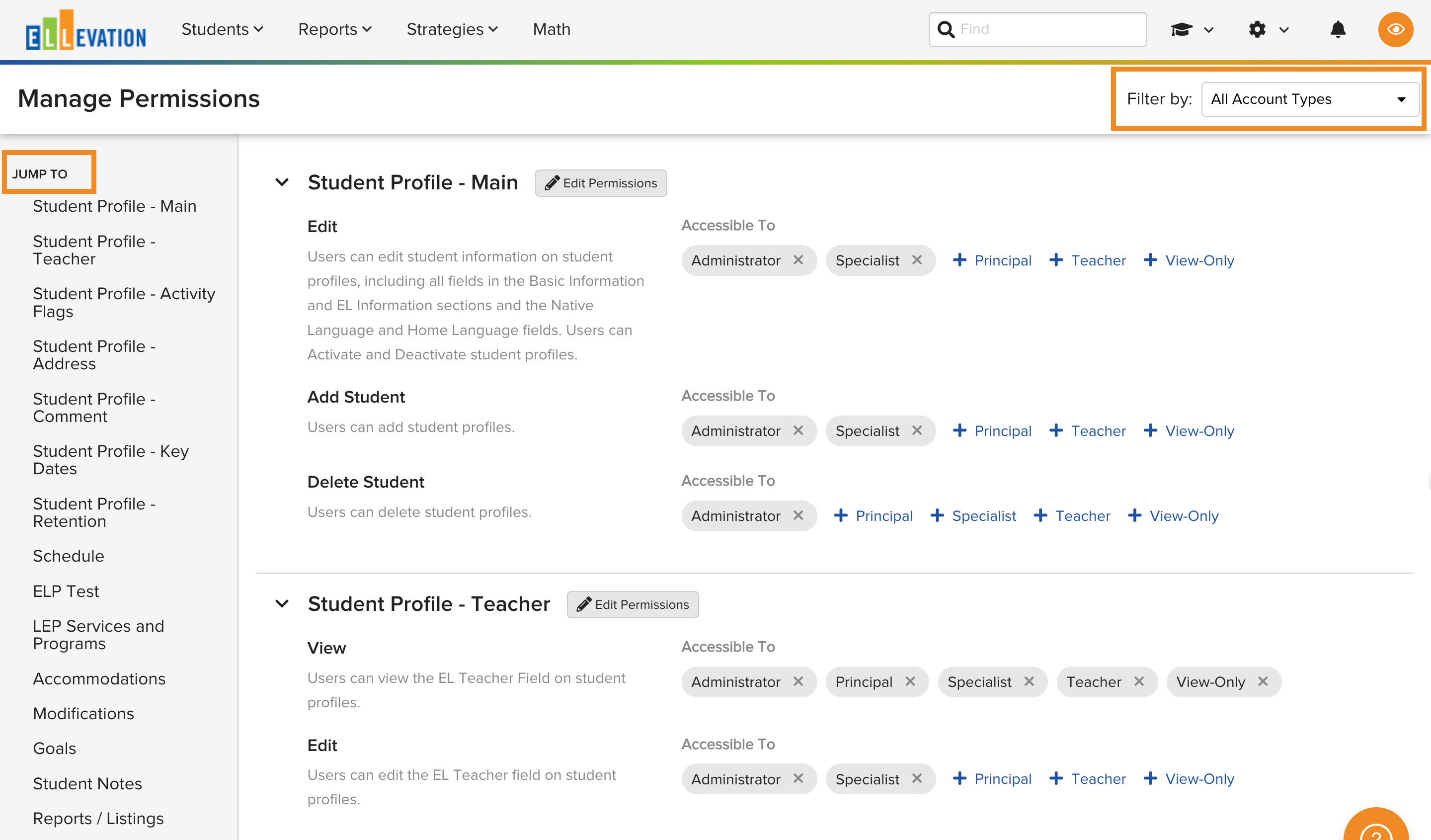 The Manage Permissions page showing the Jump To navigation menu on the left side and a list of permissions grouped by category.