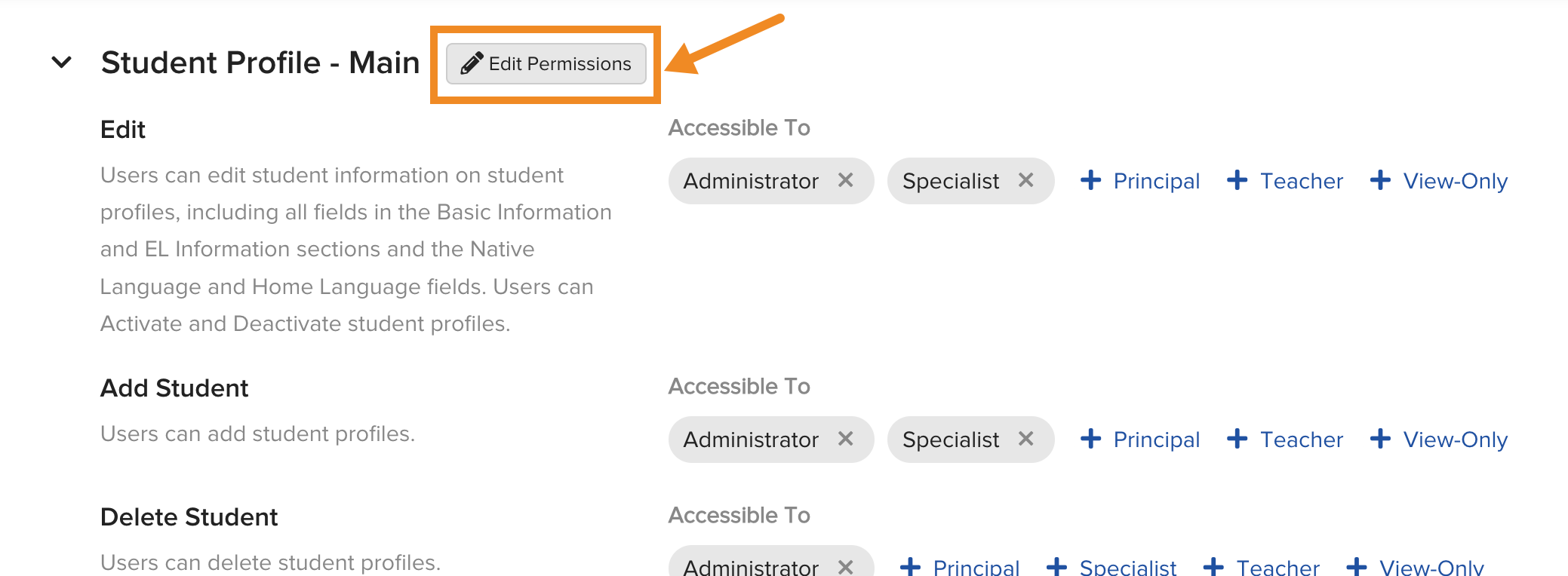 The Edit Permissions group panel open, showing checkboxes for each Account Type across a permissions row with a Save button.