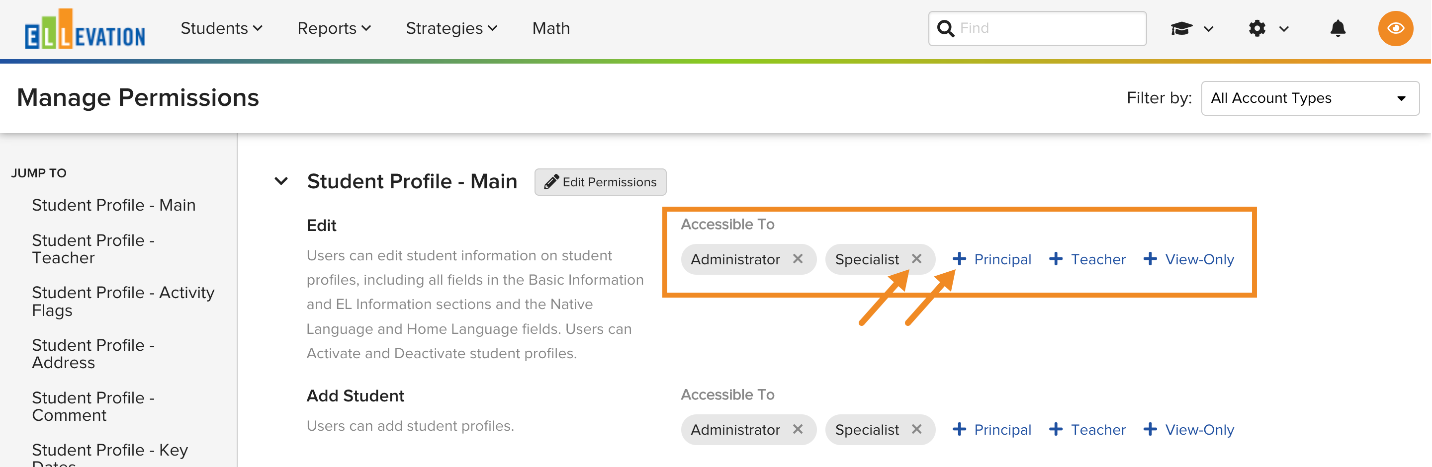 The Manage Permissions page showing the + Add and ✕ Remove icons next to Account Type names on a permissions row.