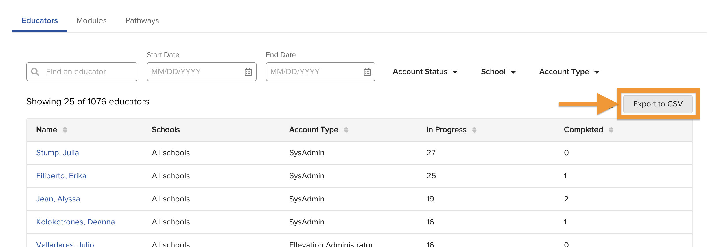 The Export to CSV button on the Manage Ellevation Professional Learning page