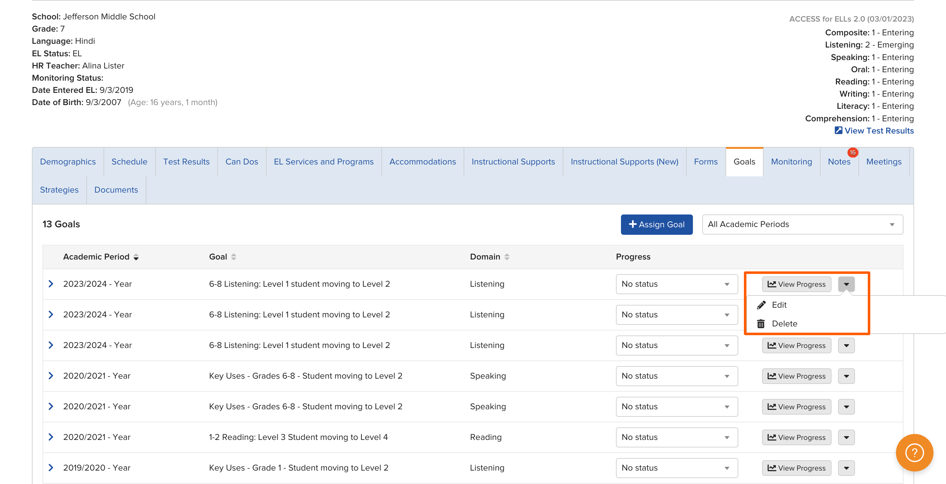Goals tab on the Student Profile showing the expanded Goal record with Edit and Delete options