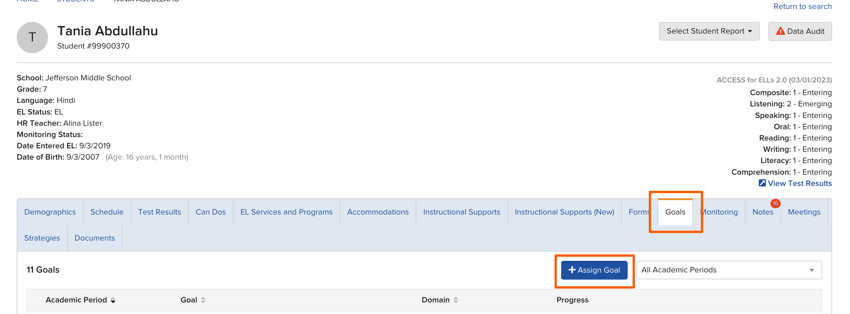 Student Profile showing the Goals tab with existing Goal records and the Assign Goal button