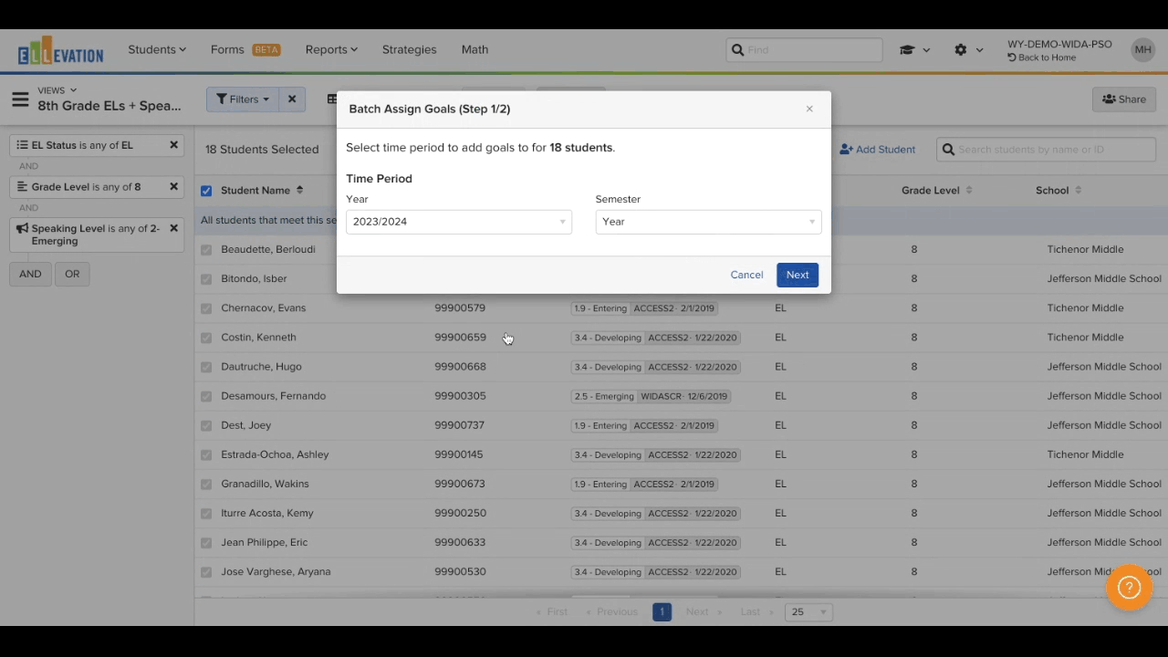 Animated walkthrough showing the Edit menu open with Assign Student Goals selected after multiple students are chosen