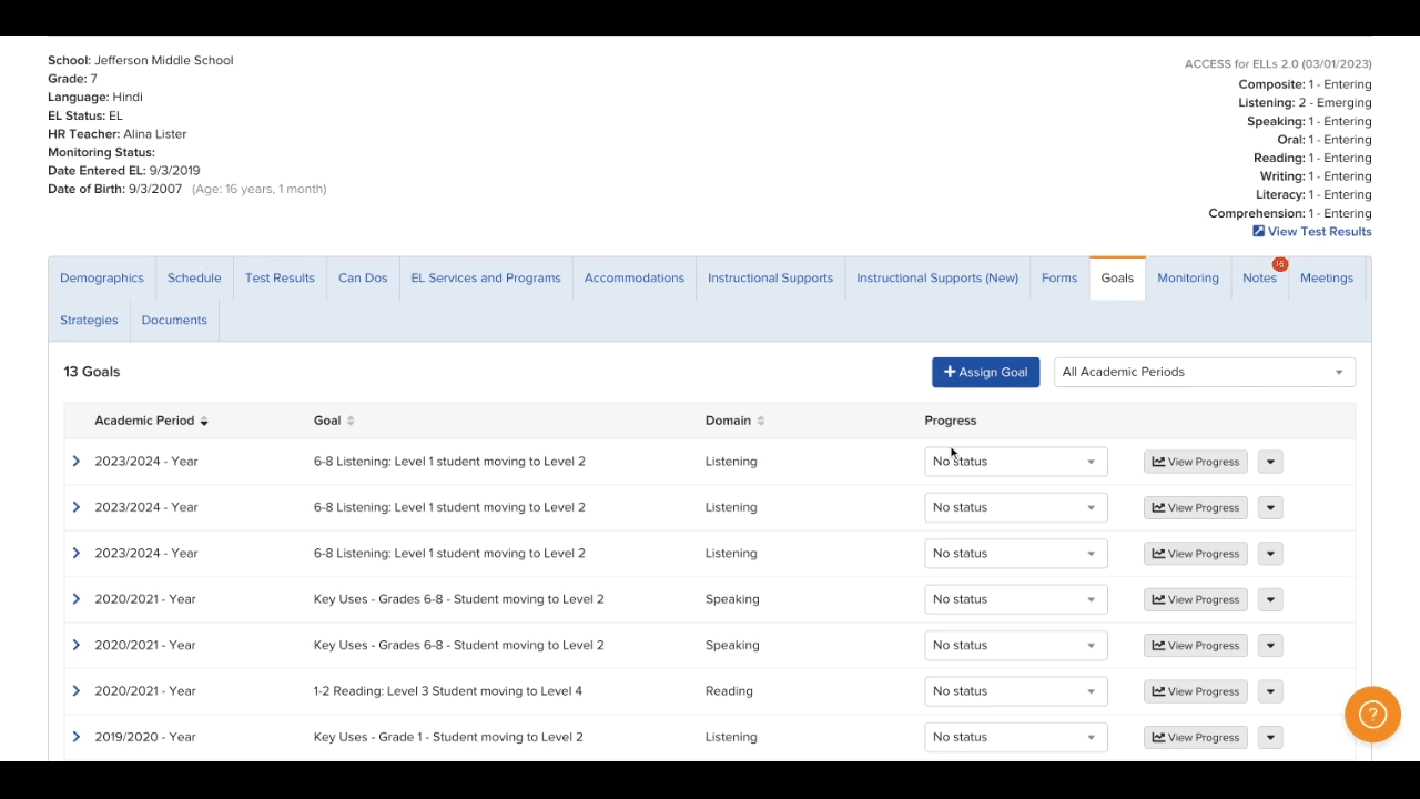 Animated walkthrough showing a progress status being updated on a student's Goals tab