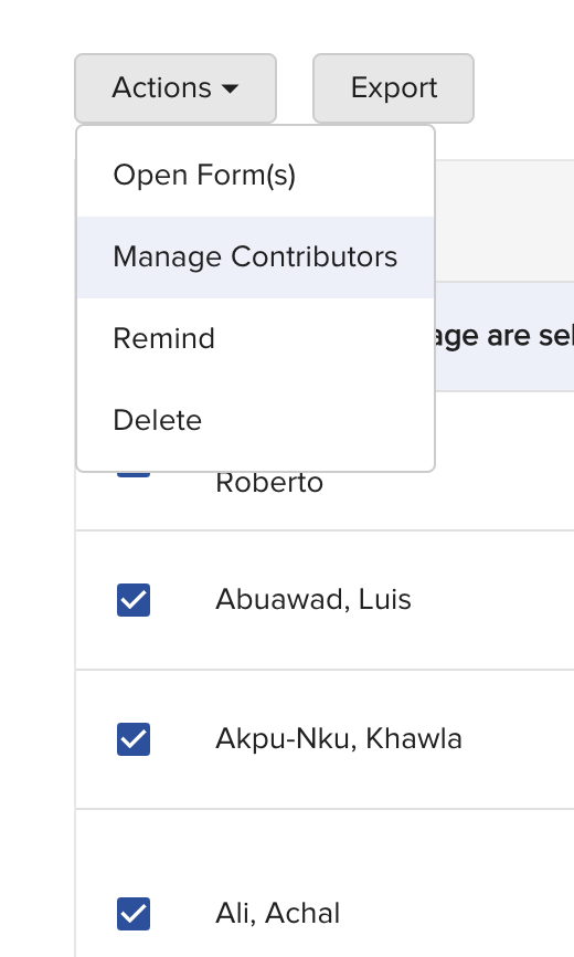 Screenshot showing the X button next to a contributor name in the Manage Contributors panel