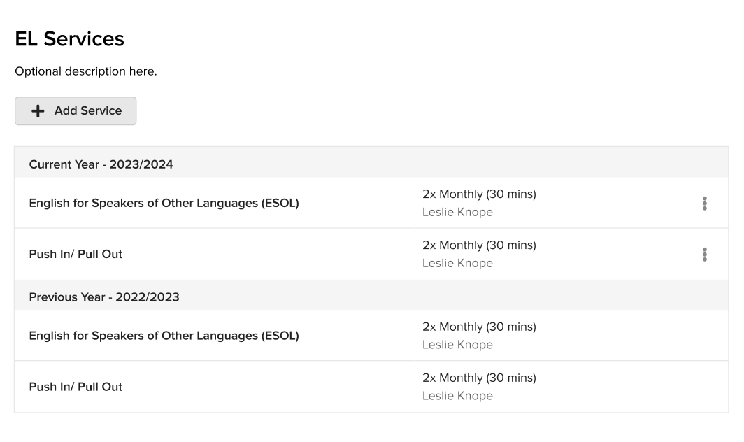Form view showing a student's assigned services and the + Add Service button