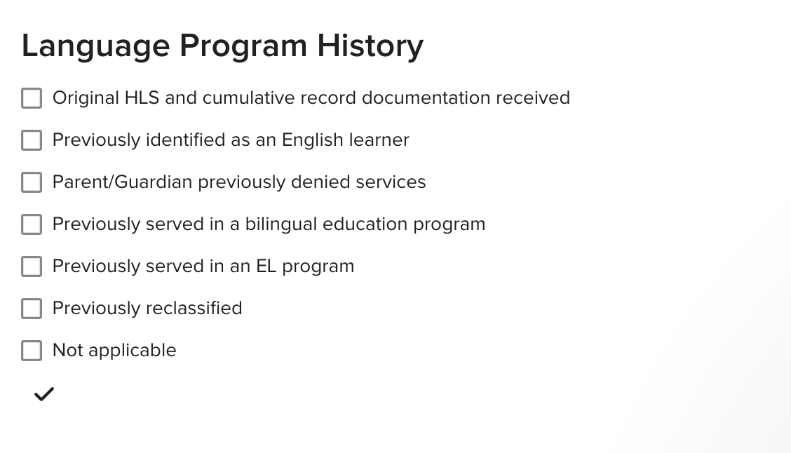 The Language Program History section in a form, with multiple historical program options available for selection