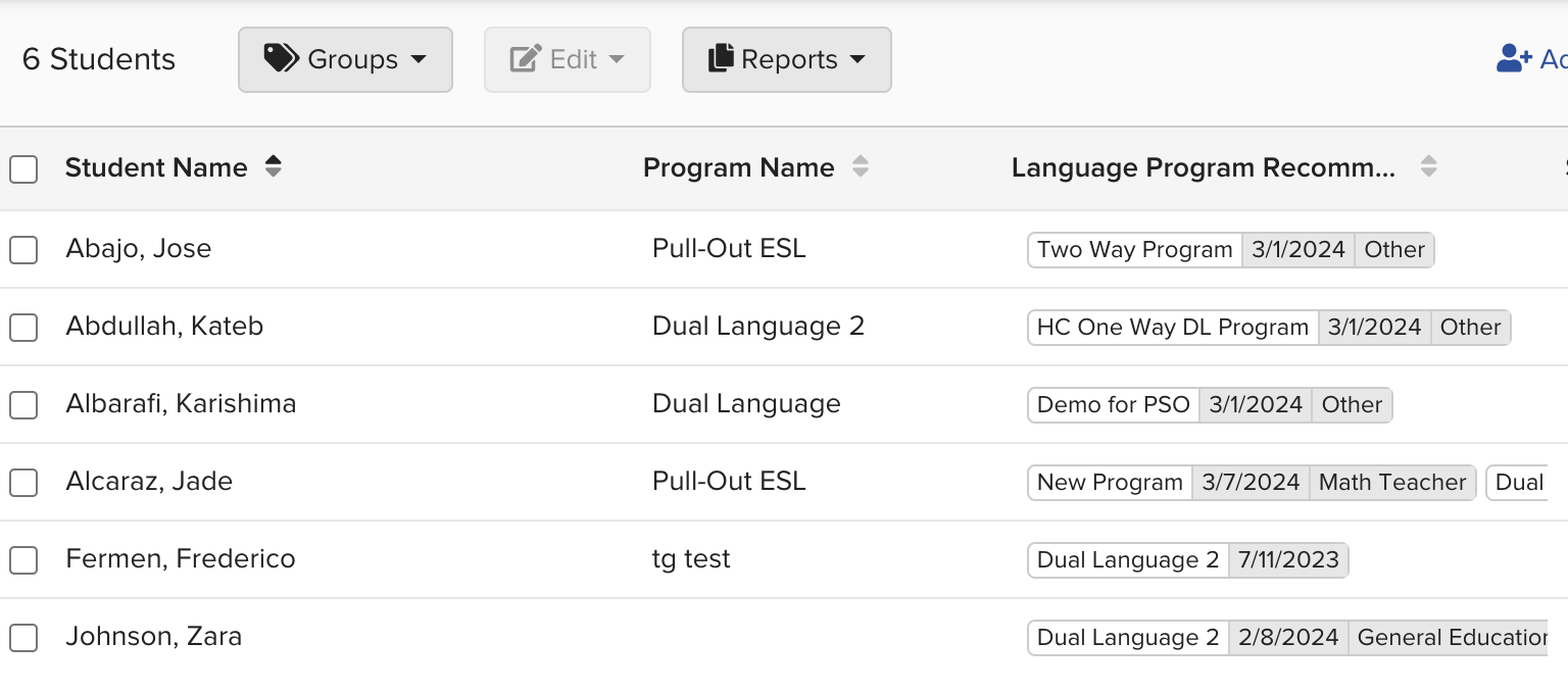 The Language Program Recommendation field available in the Student List column selector