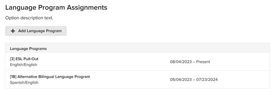 A student's existing language program enrollments listed in the form, with the + Add Language Program button visible