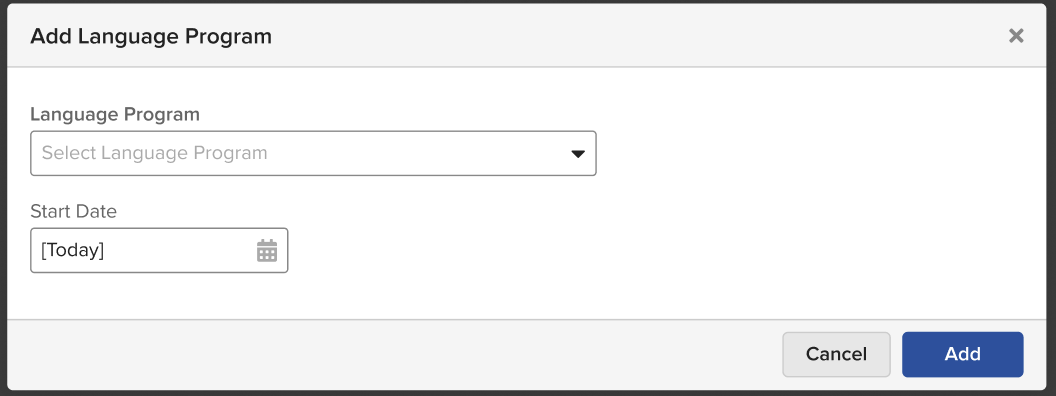The Add Language Program dialog with a program selected and a start date entered