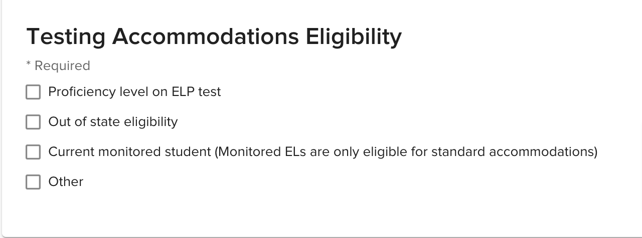 Screenshot showing the Testing Accommodation Eligibility section in the Form Template Builder