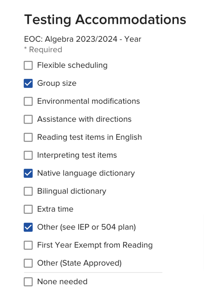 Screenshot of the Testing Accommodations section in a live Ellevation form, showing a list of accommodation options organized by test