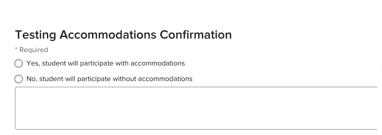 Screenshot showing the Testing Accommodations Confirmation section in the Form Template Builder