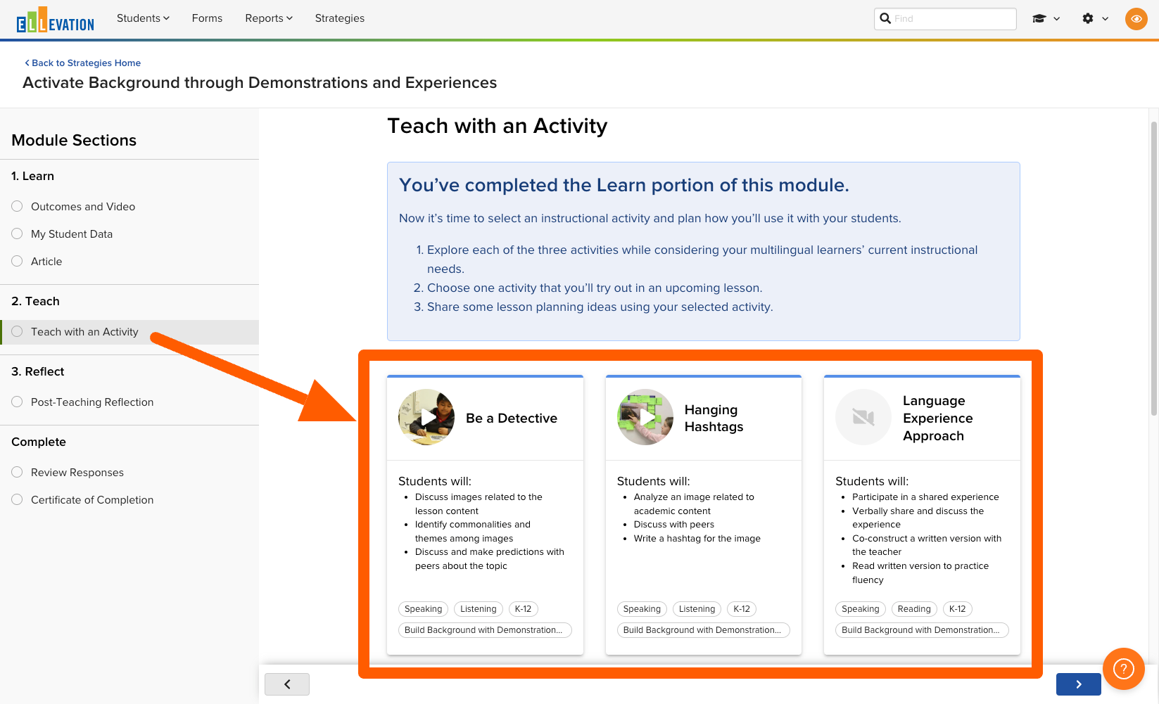 An activity recommended within a Strategies module