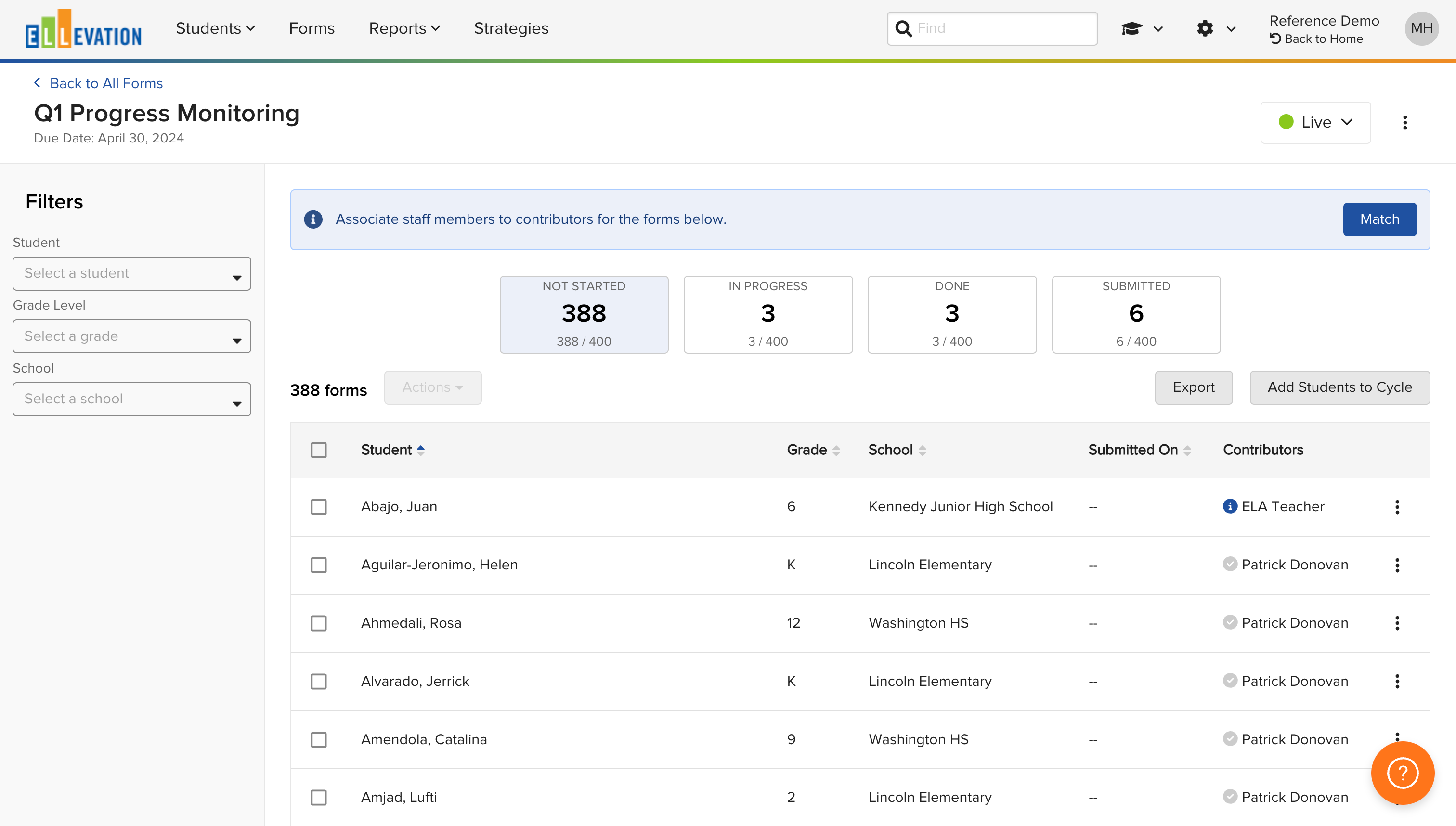 The Not Started bucket with student checkboxes selected and the Actions menu open showing the Open option