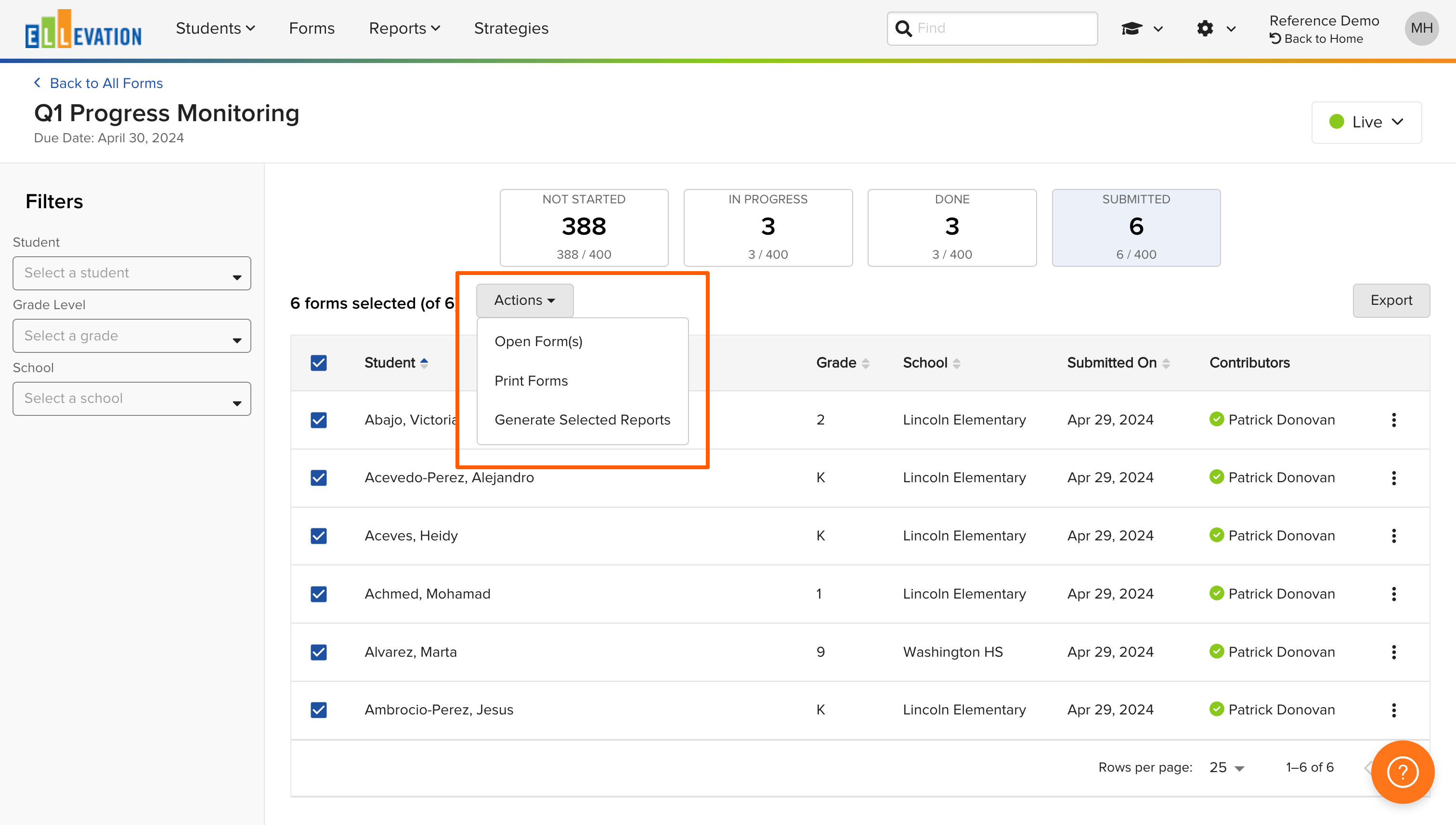 The Cycle detail page showing the Submitted bucket with student forms listed and print options available