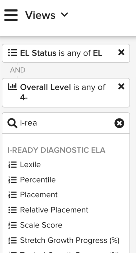 Filters panel for building a Student List View
