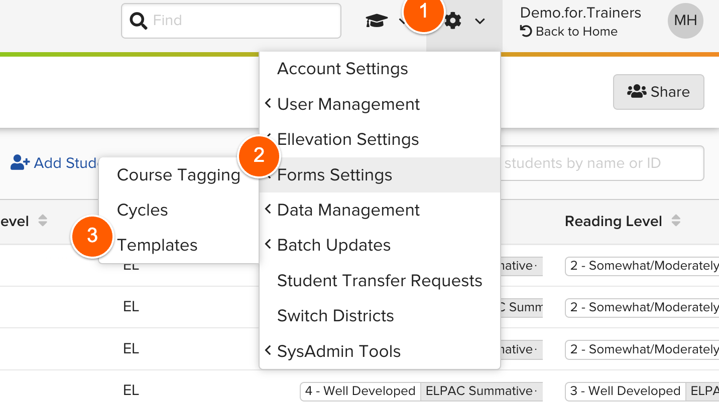 Templates list in Forms Settings