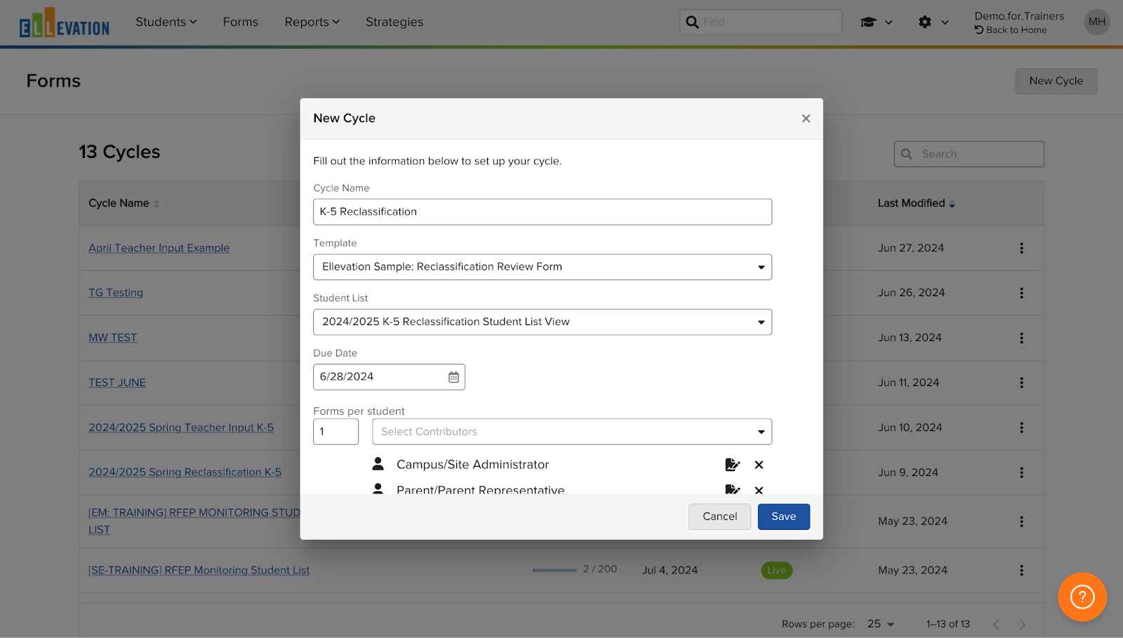 New Cycle setup screen for Reclassification
