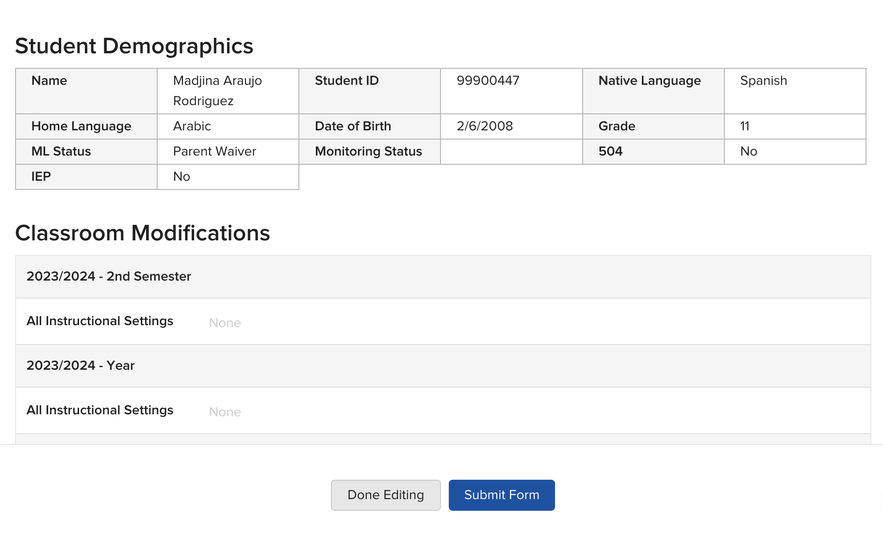 Educator view of a completed form showing a student's Classroom Modifications displayed in read-only format for the selected academic period