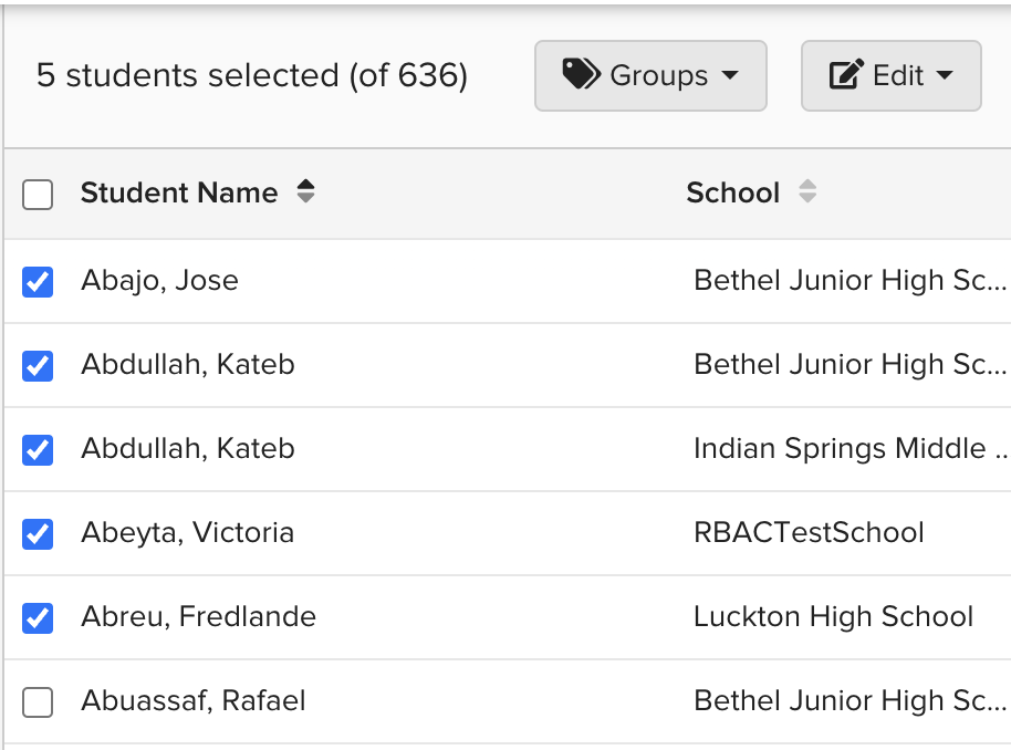 Student List showing checkboxes for selecting students before batch assigning Classroom Modifications