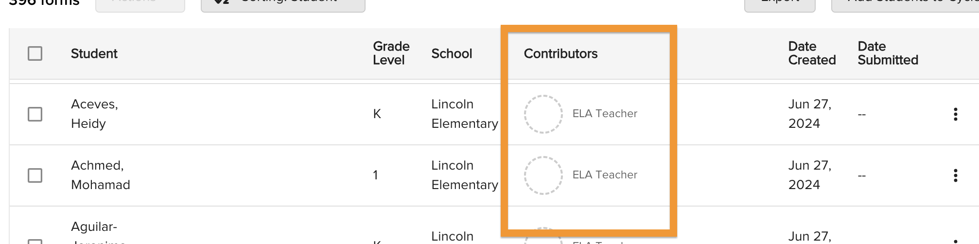 The Contributors column showing unmatched contributors — role displayed only, no educator name, with a dotted circle indicator