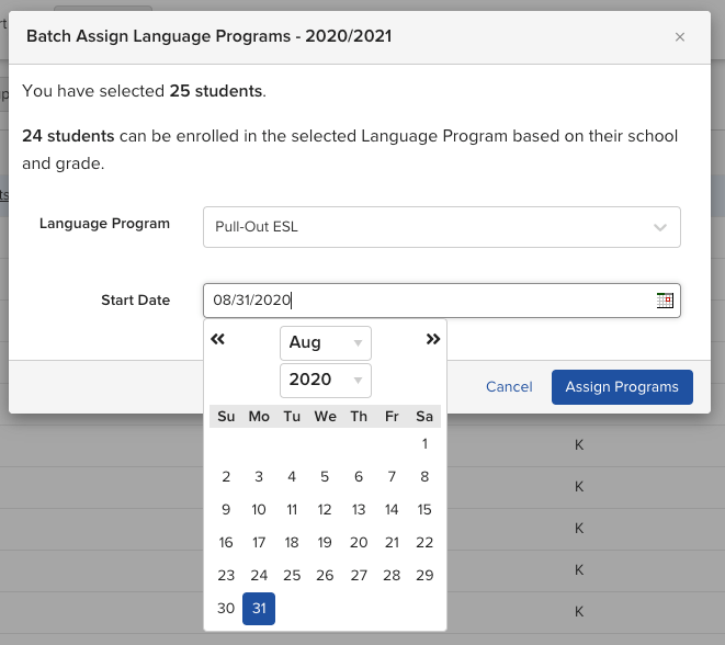Screenshot of the Batch Assign Language Programs dialog with the calendar tool open for selecting a Start Date.