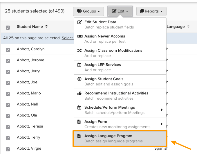 Screenshot of the Student List with students selected and the Edit menu open, showing the Assign Language Programs option.