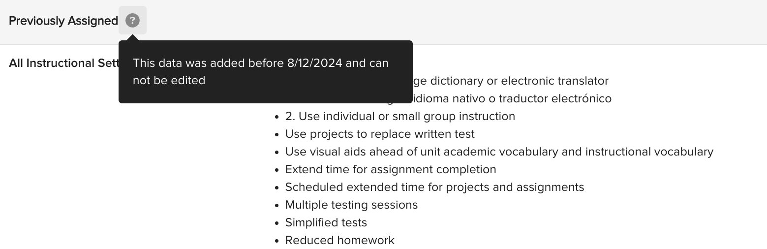 Student profile Classroom Modifications tab showing previously assigned modifications listed under Previously Assigned and more recent modifications grouped by academic period and setting type