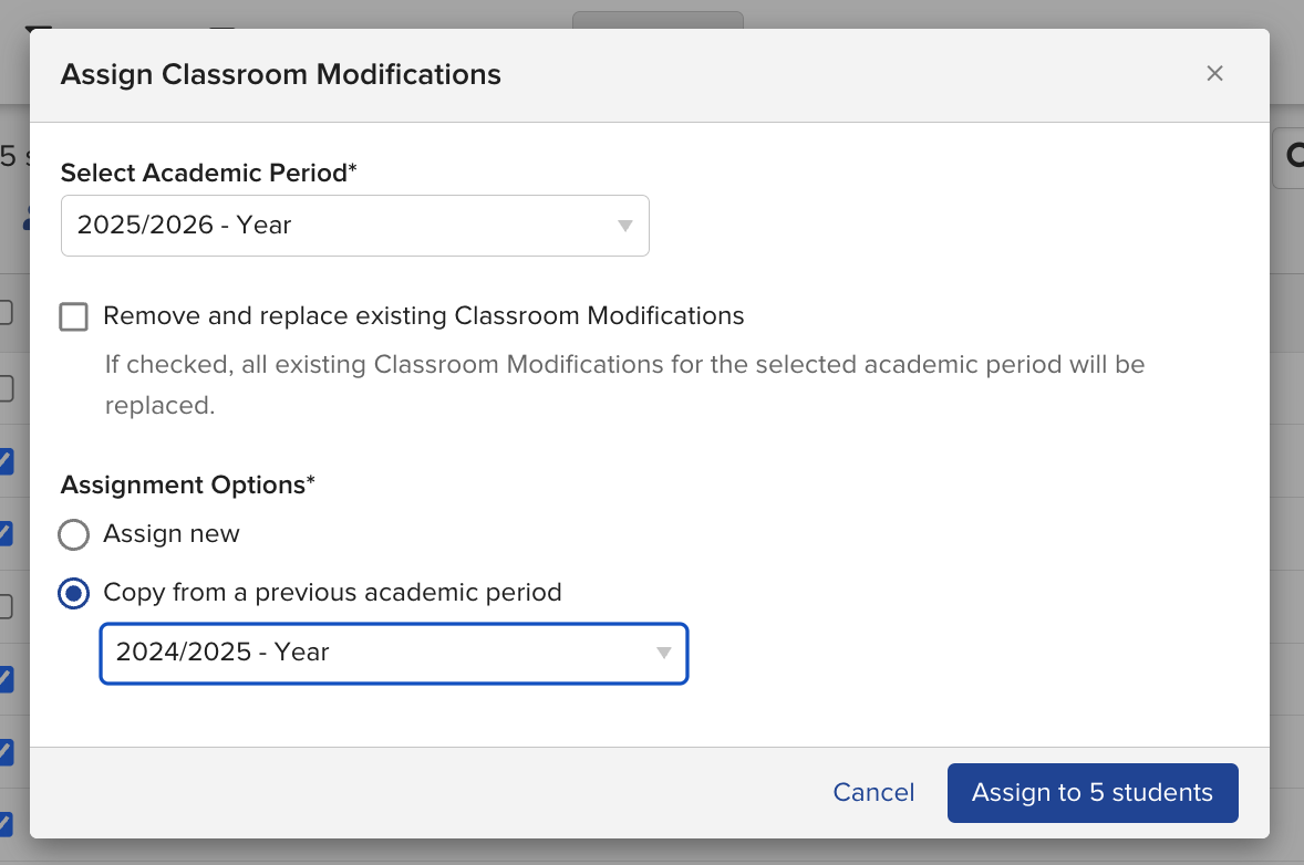 Copy from previous academic period dialog showing period selectors and the Remove and replace checkbox