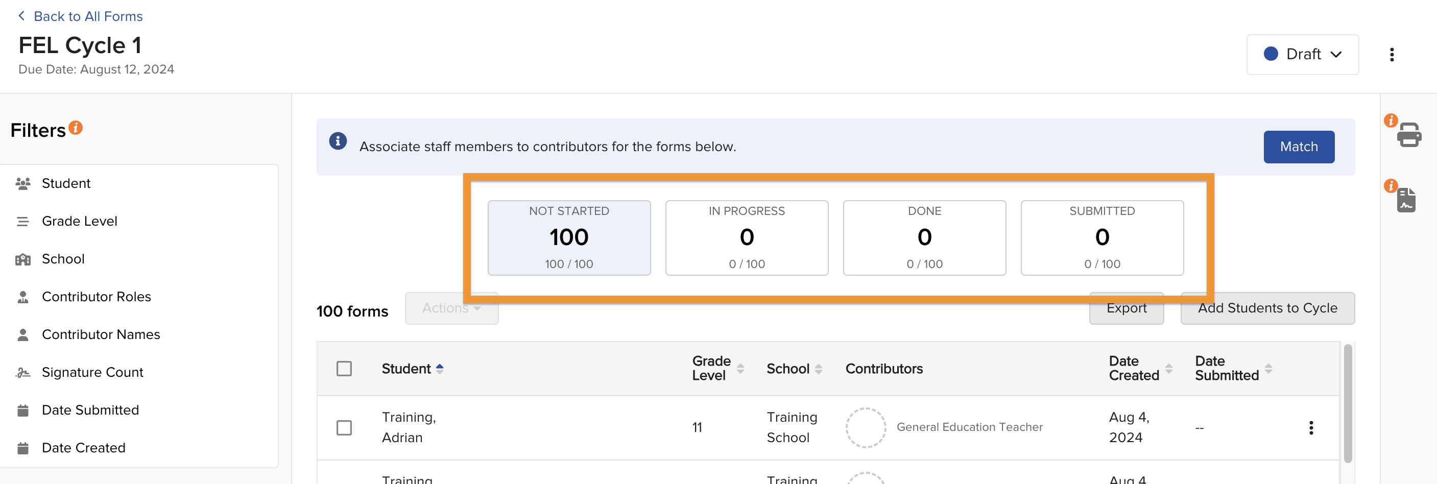 FEL Monitoring form completion status buckets in Ellevation Forms