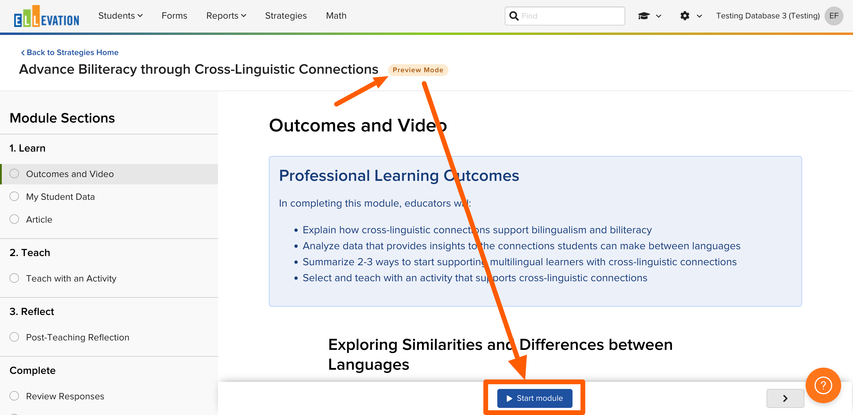 A module in Preview mode, showing the orange Preview Mode indicator
