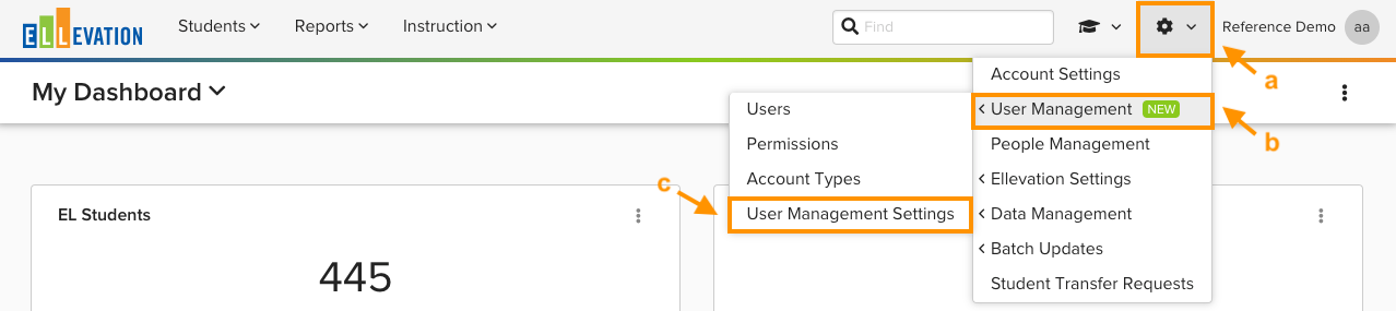 Admin menu open with User Management settings selected