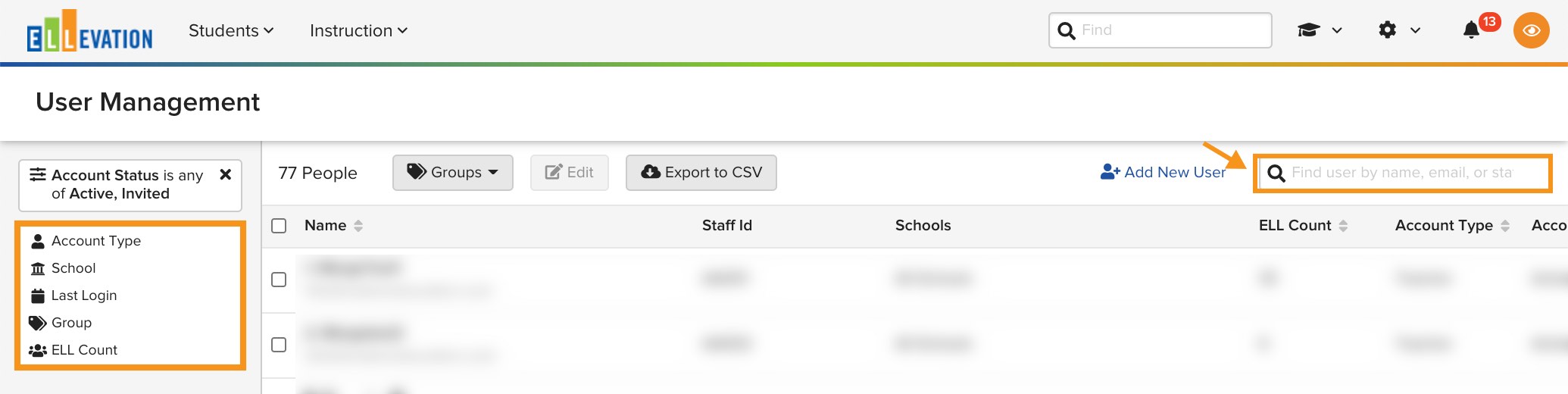 User Management list with the Account Status filter open