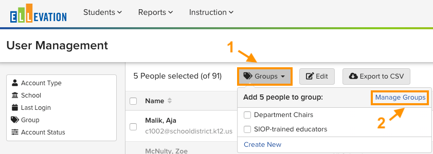 Manage Groups popup showing the list of existing Groups