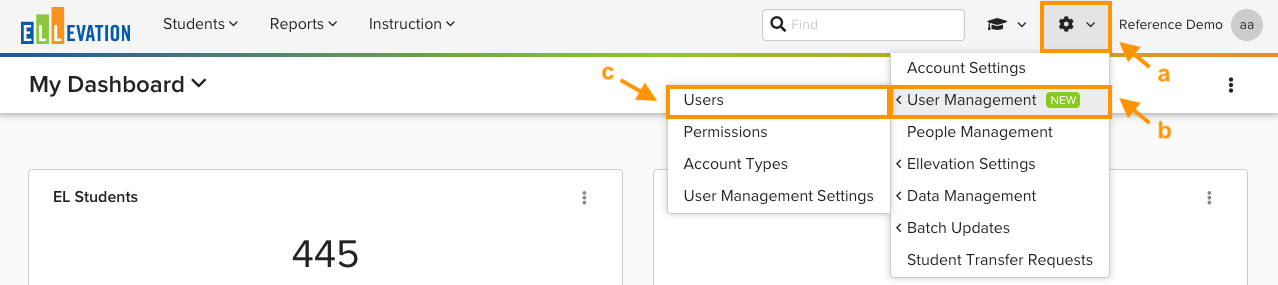 Admin menu open with User Management and Users selected
