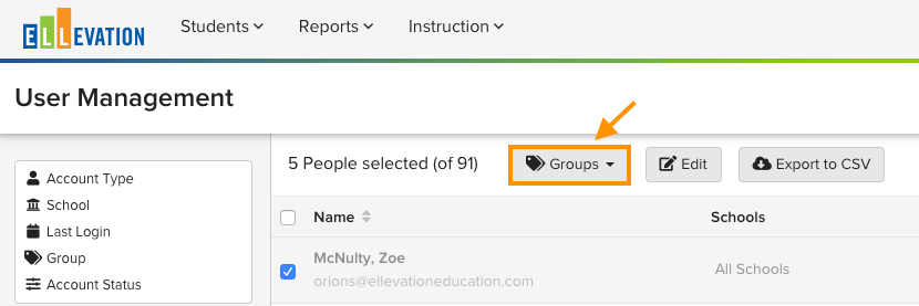 Groups dropdown open with the Manage Groups option highlighted
