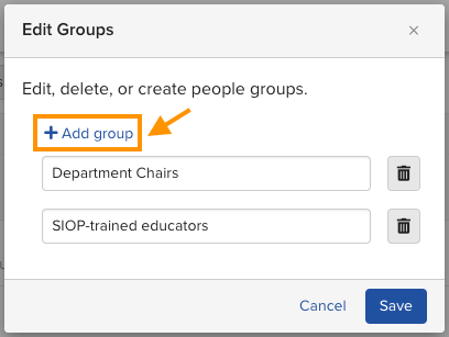 Manage Groups popup with the Add group button at the top