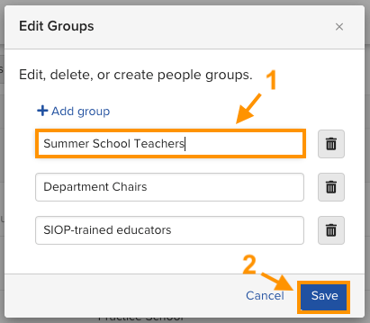 New Group name entered in the Manage Groups popup with the Save button