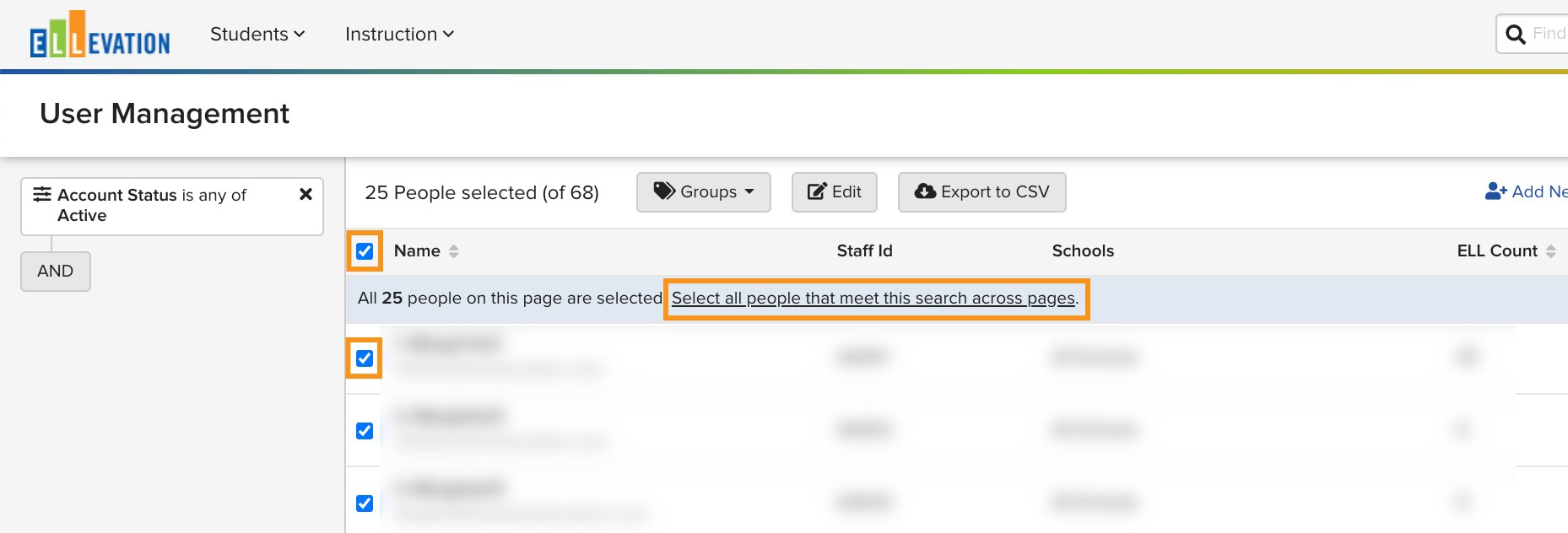 User list with the select-all-across-pages option visible