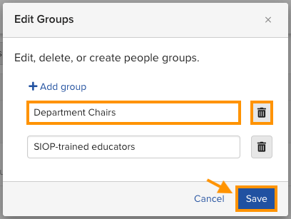 Manage Groups popup with a Group name being edited and the trash can delete icon