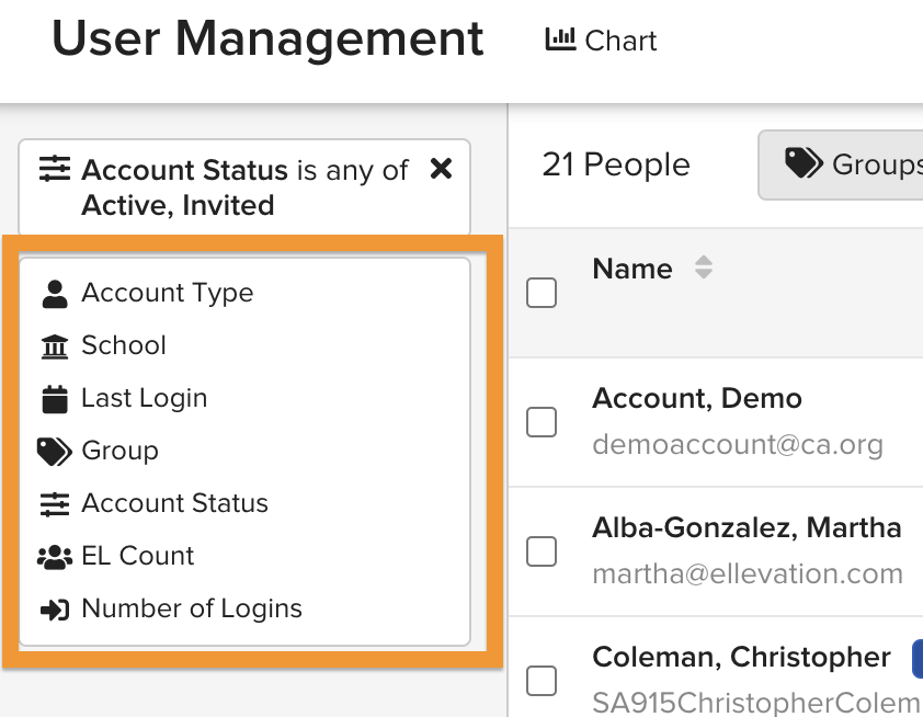 User Management page with the filter panel open on the left side