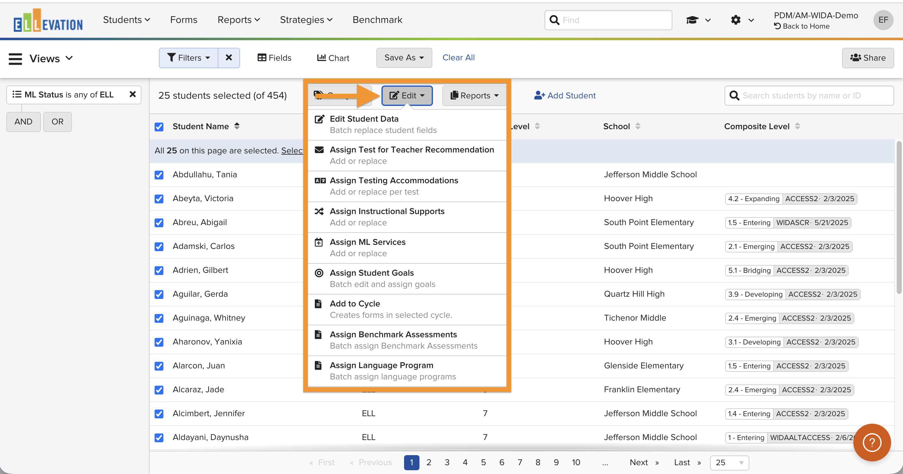 Screenshot of the Edit menu options in the Student List