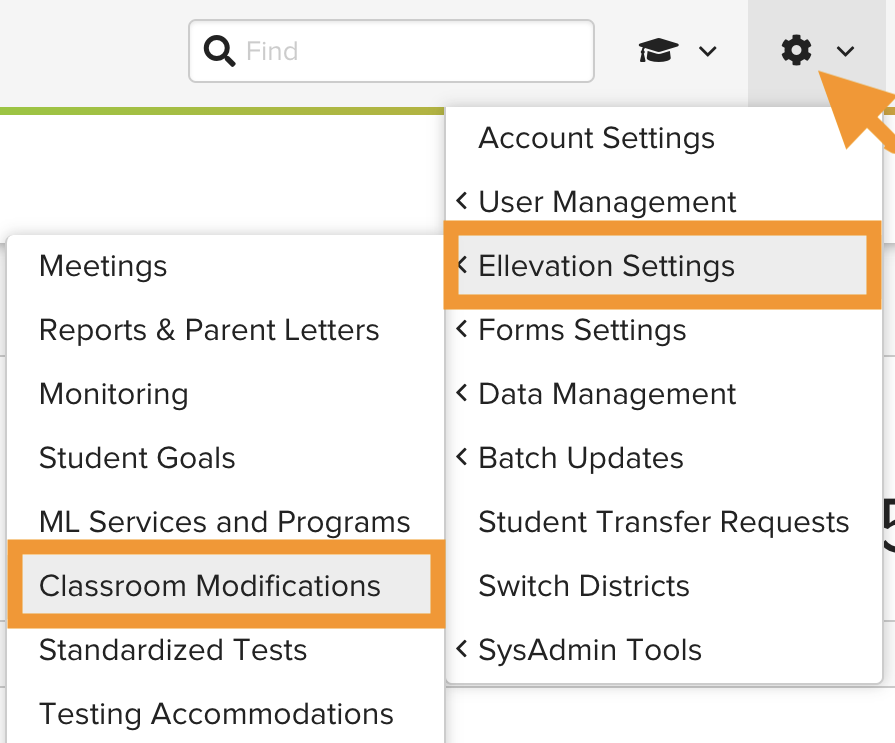 Classroom Modifications/Instructional Supports option in the Ellevation Settings menu.