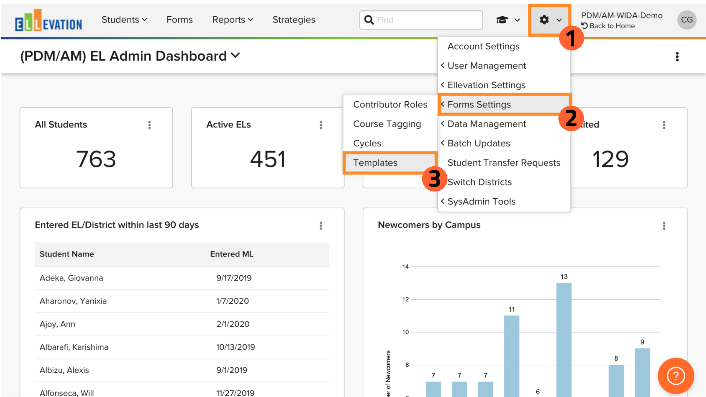 The Templates Settings screen showing a list of available Form Templates in the Ellevation Admin menu.