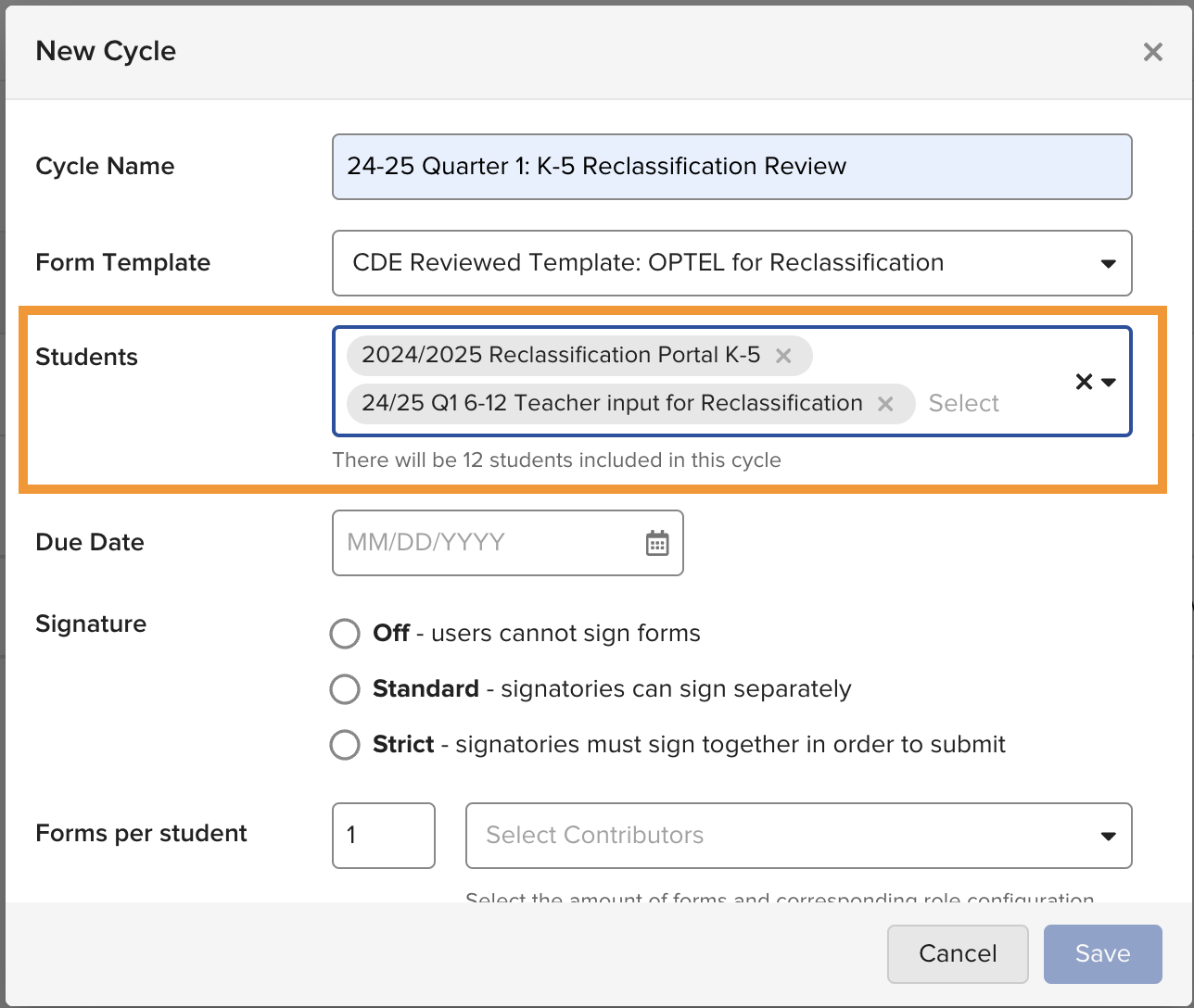The Student List section of the Create a Cycle form, showing a dropdown where one or more saved Student List Views can be selected.