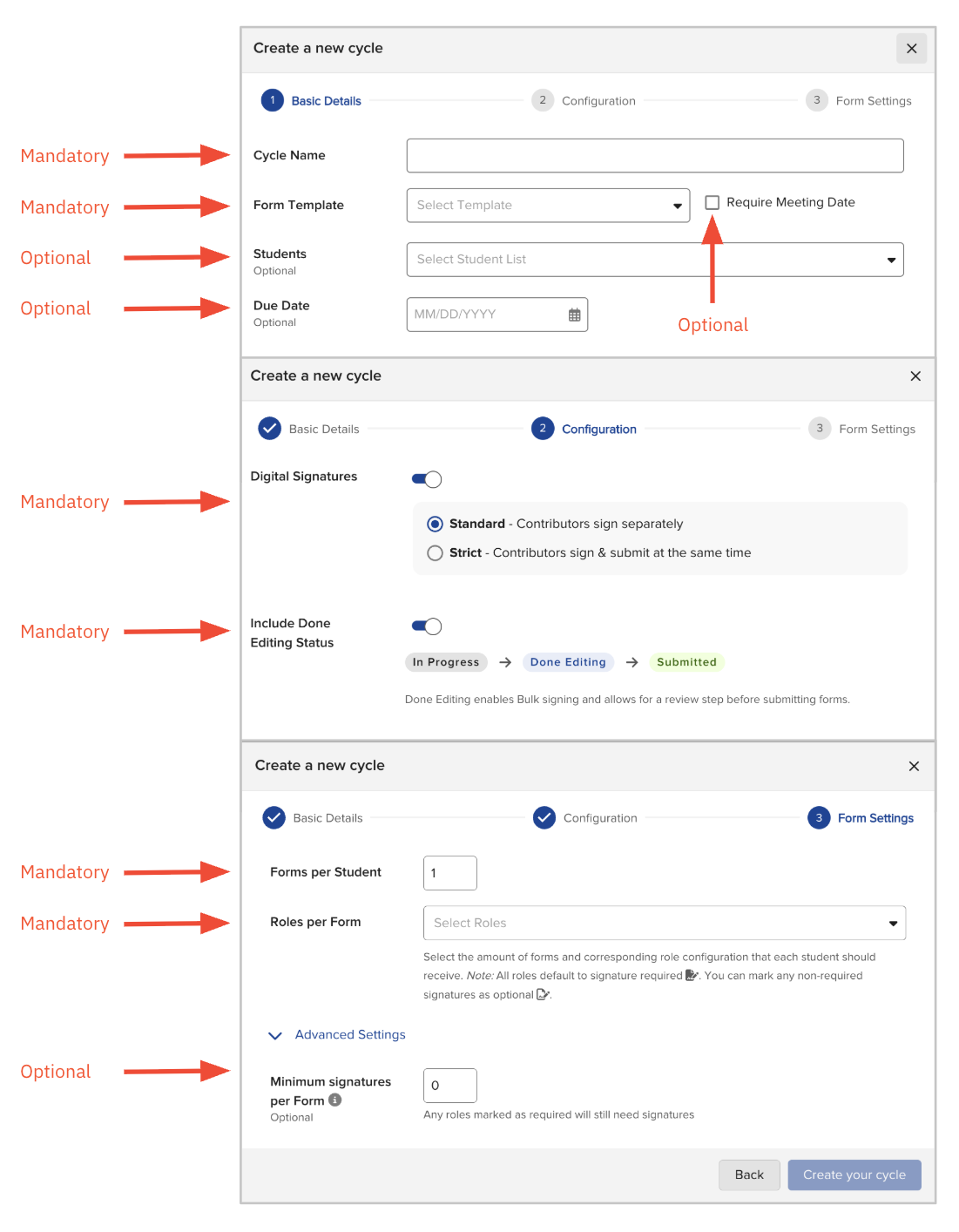 Screenshot of the Cycle Creation modal in Ellevation Forms, showing fields for Cycle Name, Form Template, and other settings.