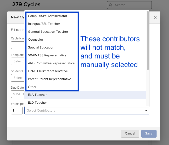 List of contributor roles that do not auto-associate via the Match button, shown in the Ellevation Forms interface