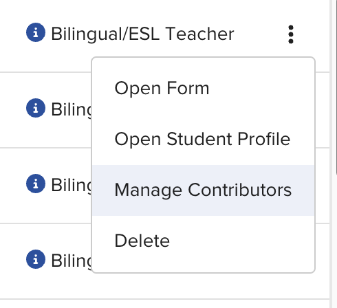 Cycle management page showing the contributor management options available from the Actions dropdown