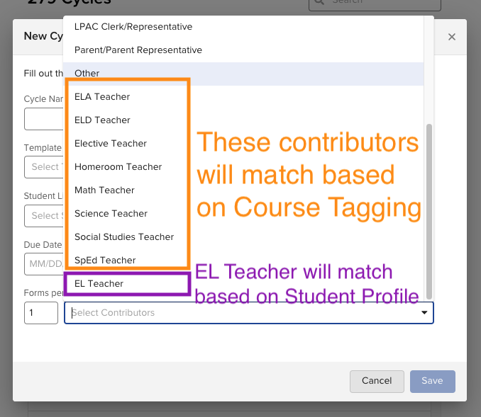 List of contributor roles that auto-associate using the Match button when Course Tagging is complete, shown in the Ellevation Forms interface